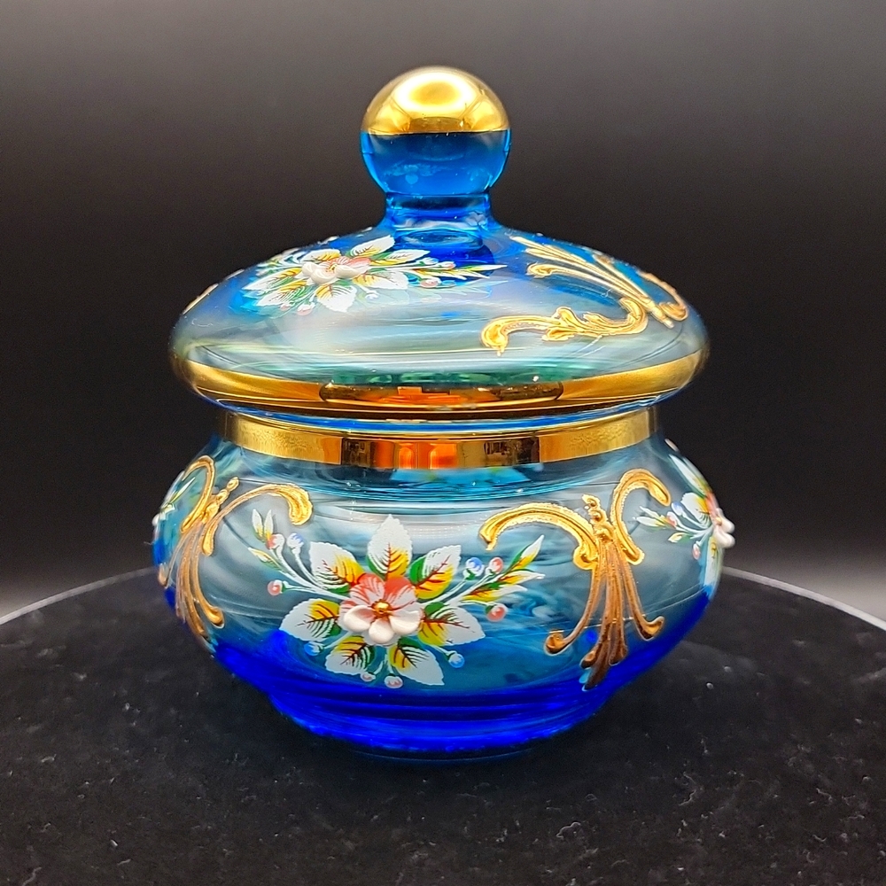 Vintage Bohemian Blue Glass Hand Painted Floral Dish in Gold